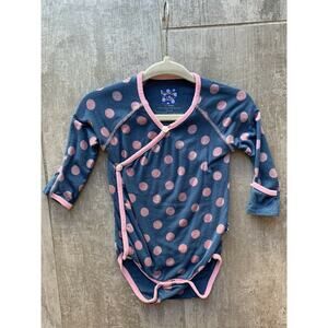 $43 KicKee Pants Blue Pink Polka Dot Kimono Bodysuit One Piece Long Sleeve 3-6m